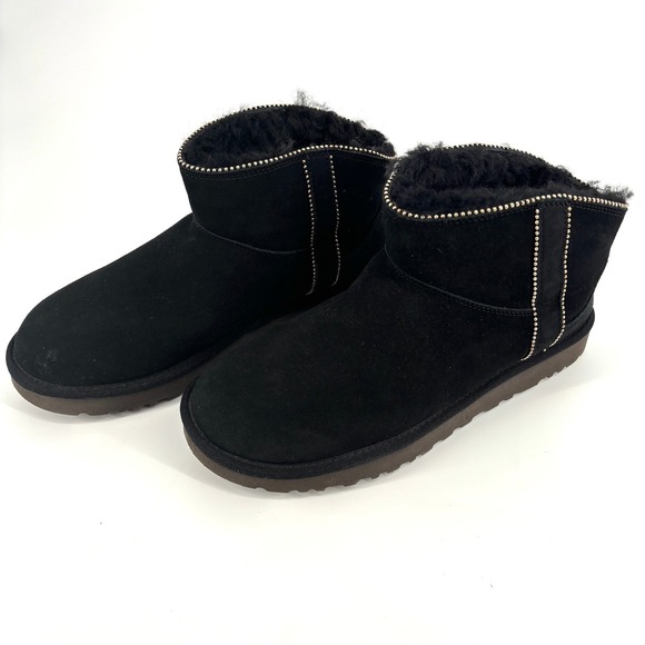 UGG Classic Mini Beaded Black Suede Shearling Short Ankle Boots Slip On Size 11 - Picture 2 of 9